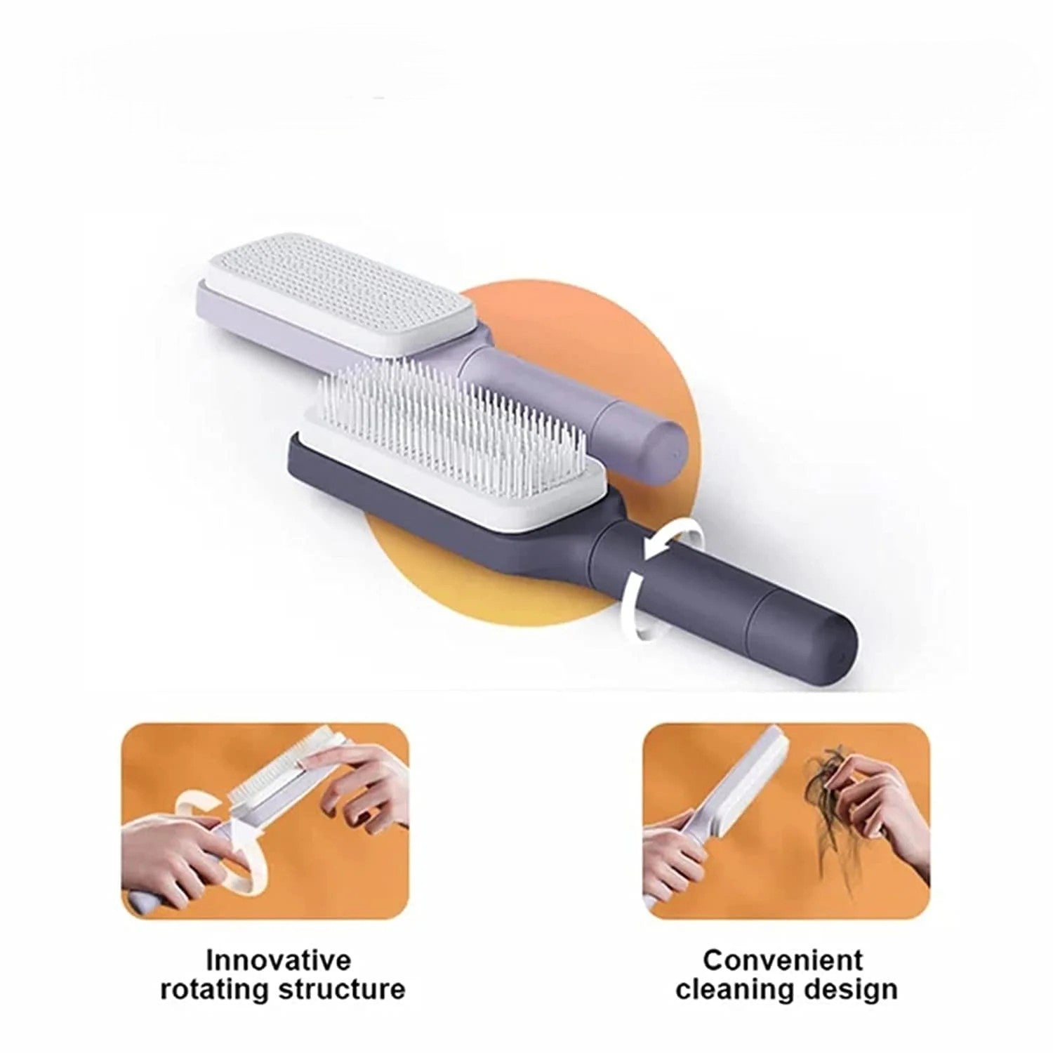 Hair brush with innovative rotating structure and convenient cleaning design on a white background.